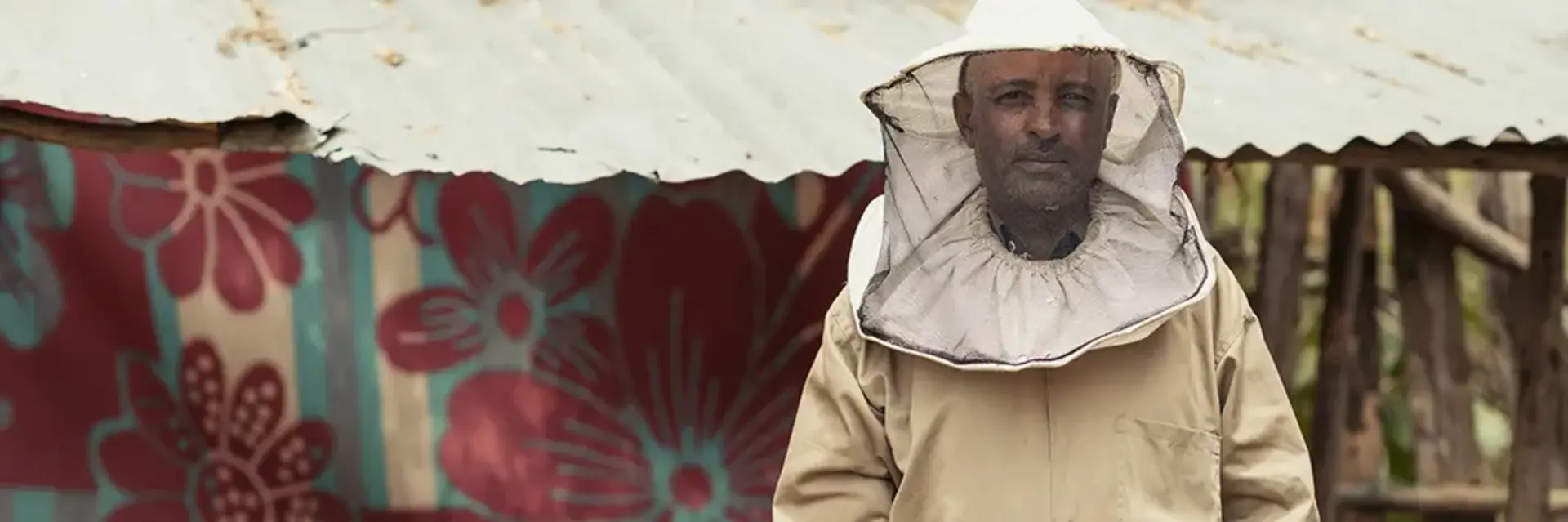 The picture shows a man wearing beekeeping gear.