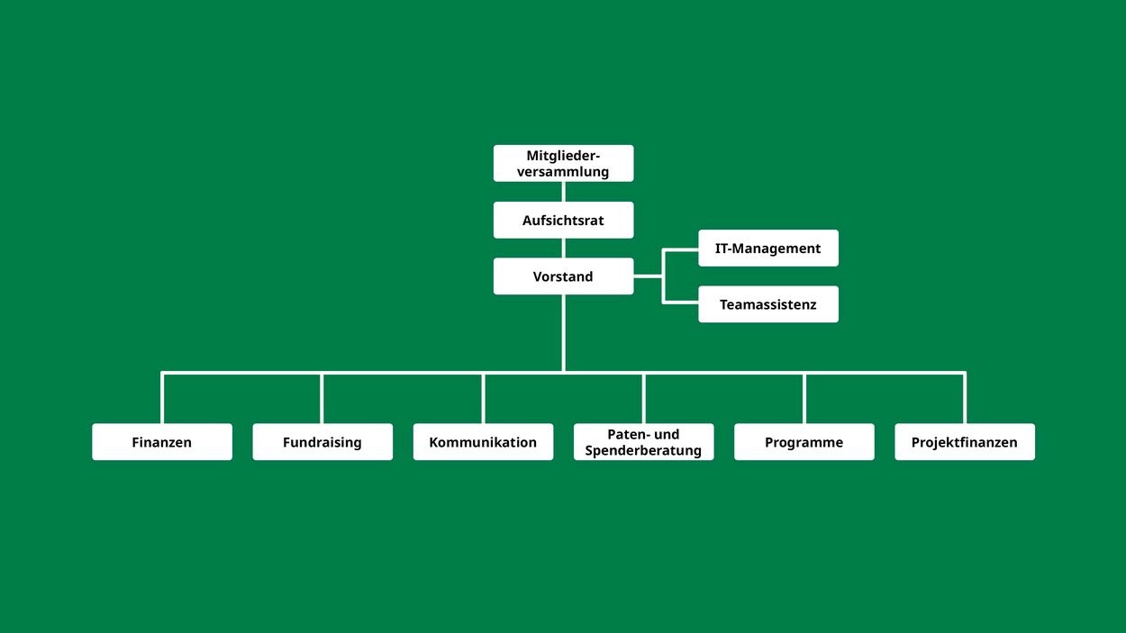 Das Bild zeigt das Organigramm von ChildFund Deutschland. Mitgliederversammlung und Aufsichtsrat unterstützen ehrenamtlich den Vorstand. Dem Vorstand sind sechs Teams - Finanzen, Fundraising, Kommunikation, Paten- und Spenderberatung, Programme und Projektfinanzen - thematisch untergeordnet.